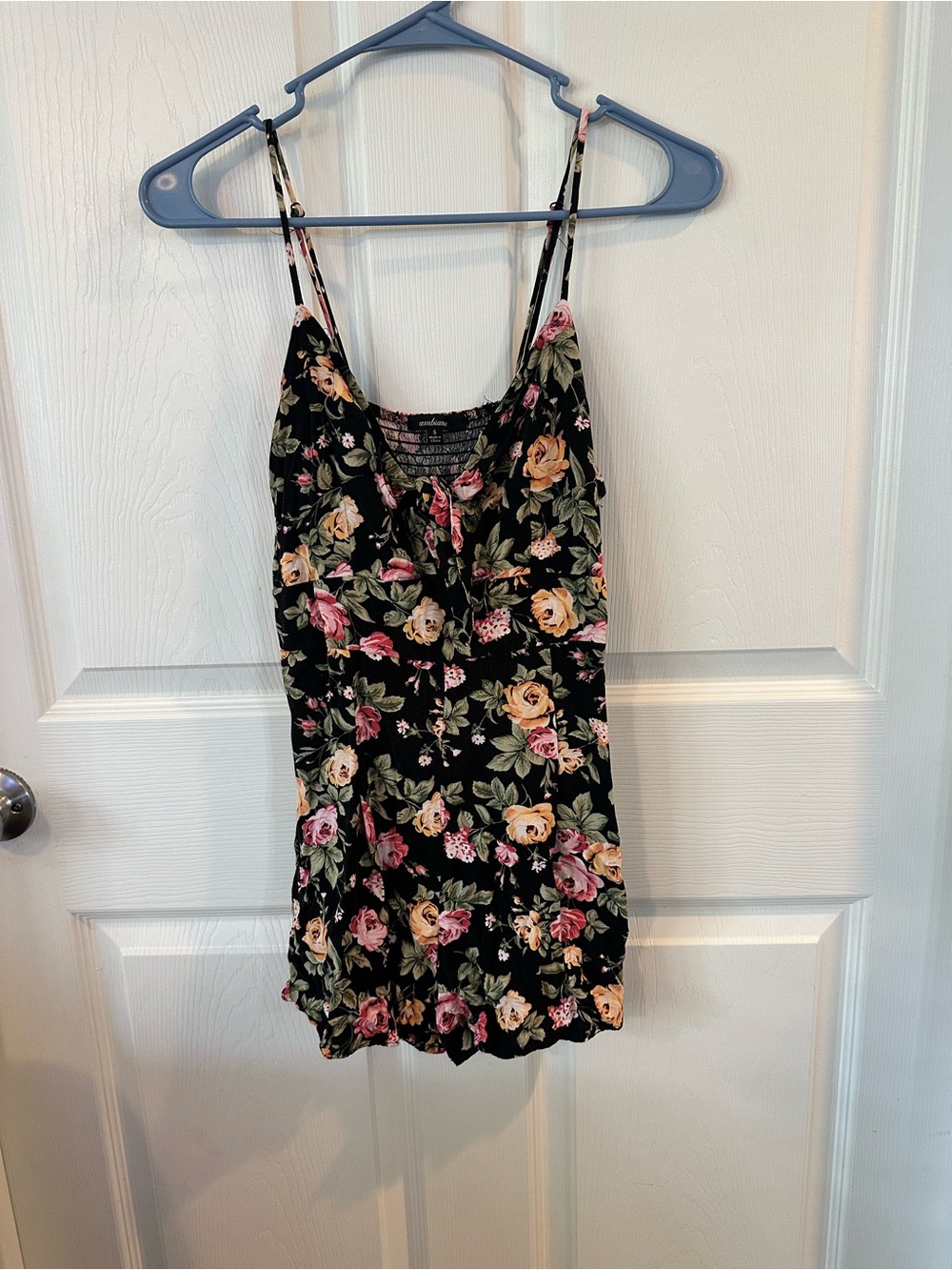 Floral Spaghetti-Strap Cami Romper- Black with Pink & Yellow Roses